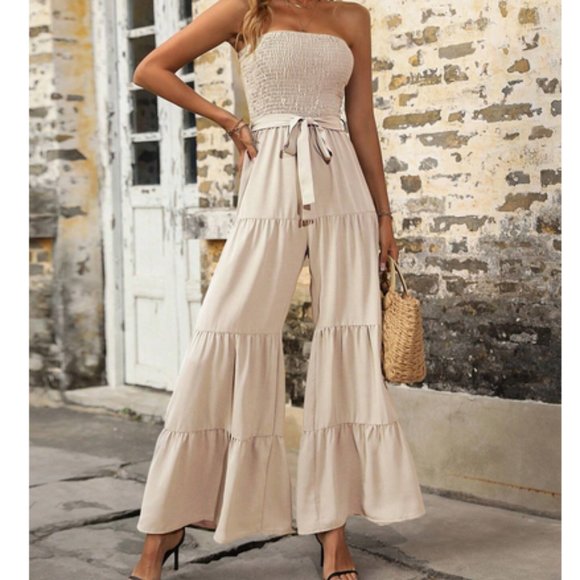 Boho Ruffle Hem Belted Tube Jumpsuit - Picture 7 of 9